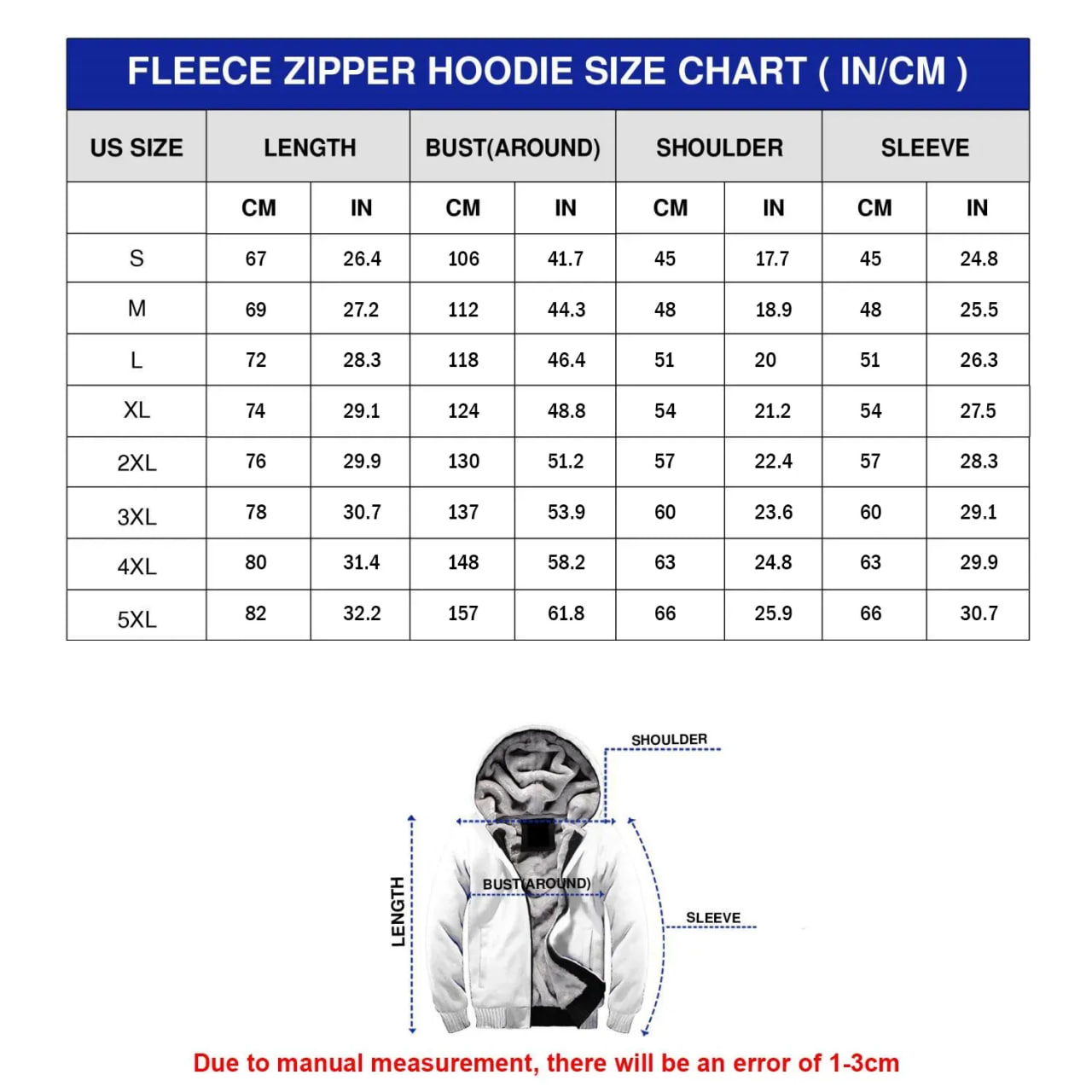 3d fleece zipper hoodie bomber size chart - Nashville TV Show Store