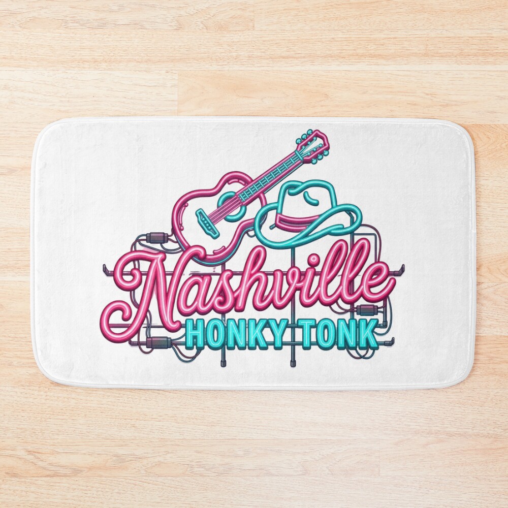 Nashville Honky Tonk Neon Guitar Cowboy Hat Bath Mat